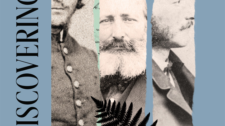 Text reading Rediscovering on the left border with three 19th century black and white portraits to the right.