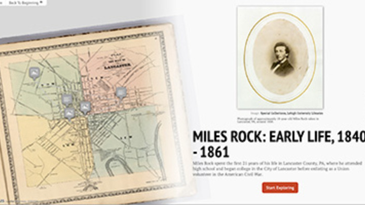 Map of Lancaster on left with an 19th century portrait above the text Miles Rock: Early Life, 1840-1861