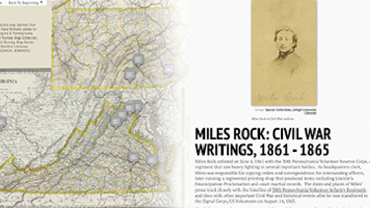 Map of Virginia and Pennsylvania on left with an 19th century portrait above the text Miles Rock: Civil War Writings, 1861-1865
