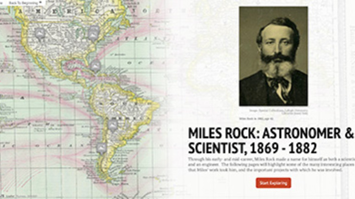 Map of North and South America on left with a 19th century portrait above the text Miles Rock: Astronomer & Scientist, 1869-1882