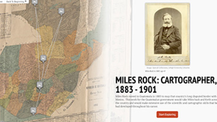 Map of Guatemala on left with a 19th century portrait above the text Miles Rock: Cartographer, 1883-1901