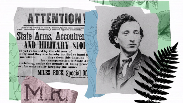 Poster about returning military arms on left with a 19th century portrait on the right