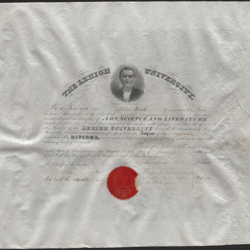 Diploma from "THE LEHIGH UNIVERSITY" with a central portrait of a man. A red wax seal is affixed at the bottom center.